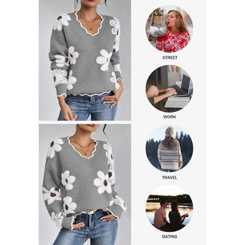 Women's Oversized V Neck Fuzzy Sweaters Grey Loose Long Sleeve Top - Picture 5 of 9